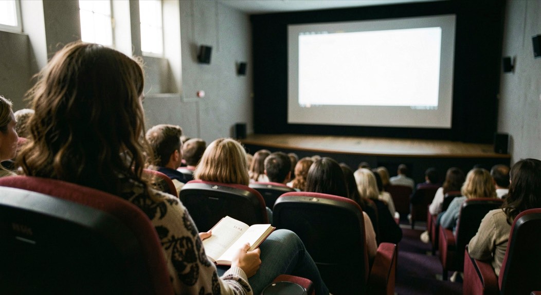 Spectatrice seule dans une salle de cinéma à moitié vide, carnet fermé sur les genoux, écran lumineux au loin, attention tendue vers la scène.
