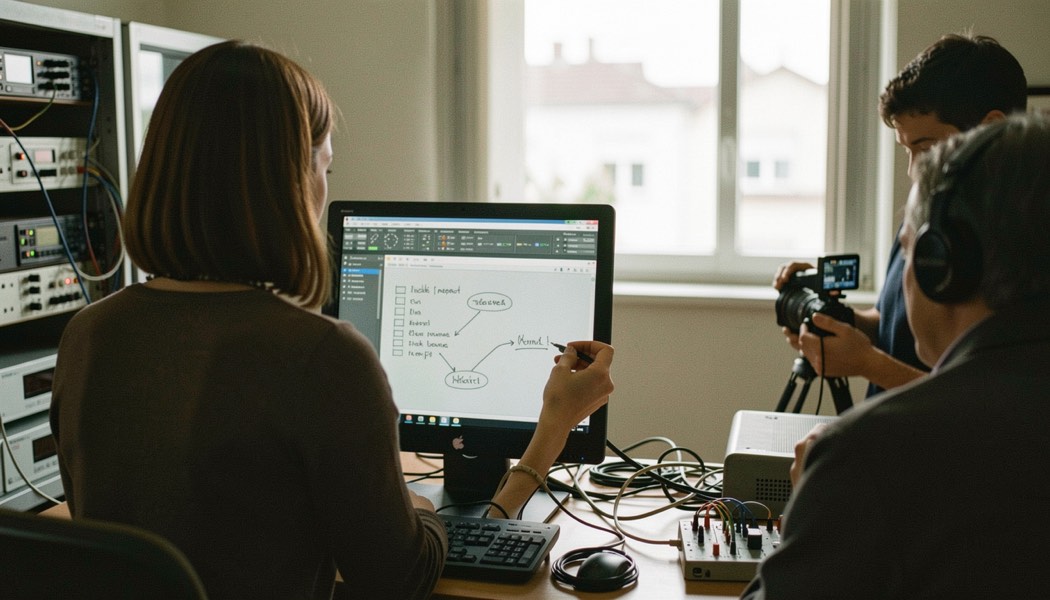 Directrice de la photographie derrière le moniteur de contrôle, dos tourné au décor, plan de lumière annoté en main, équipe électrique en attente.