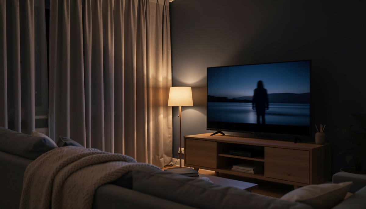 Salon le soir, écran allumé sur un plan nocturne avec une silhouette, rideaux épais tirés, lampe d'ambiance près de la télévision, canapé au premier plan.