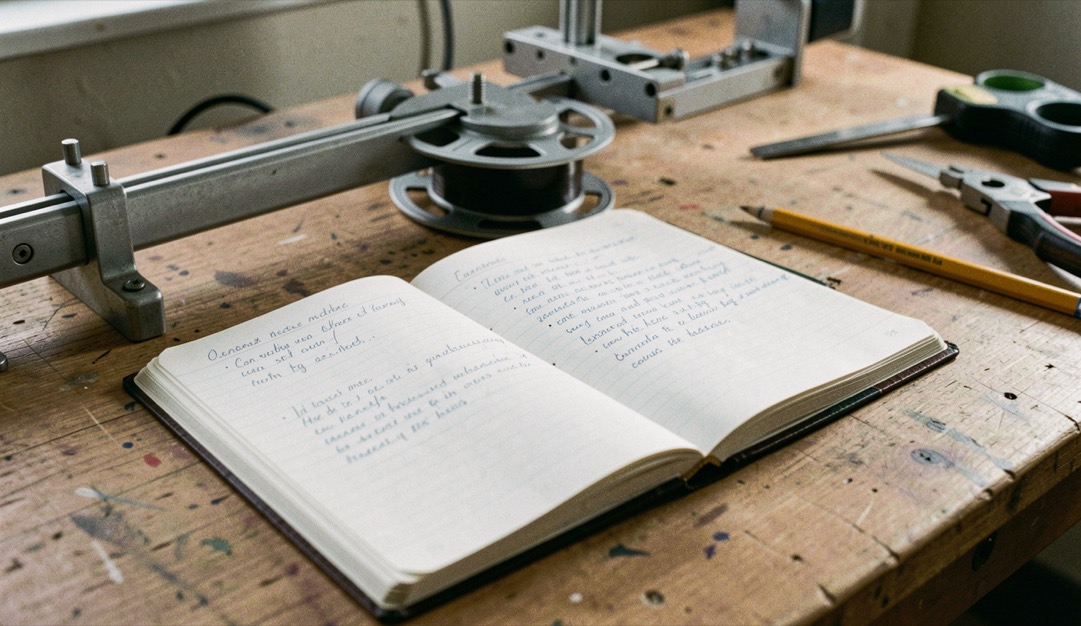 Carnet ouvert sur une table de montage, notes de méthode et crayon posés près d'une bobine de film.