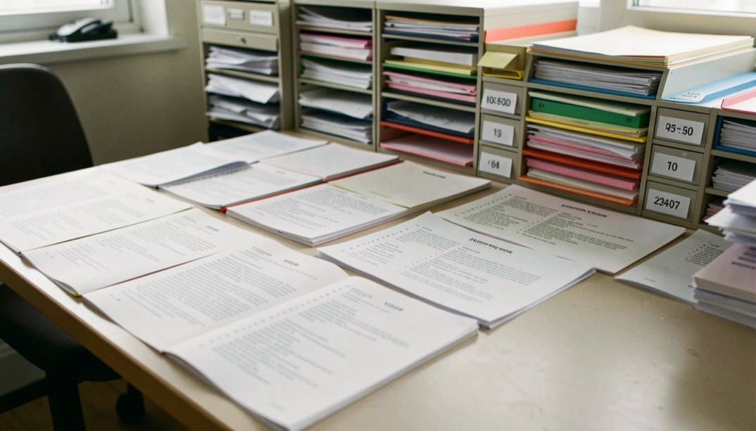 Fiches de notions étalées sur une table de documentation cinéma, tiroirs de fichier à ras du bord, familles séparées par des intercalaires colorés.