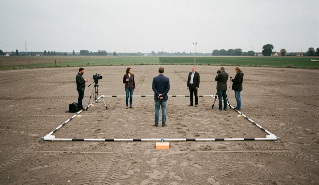 Plateau de tournage vu depuis la caméra : cadre délimité par des repères au sol, comédiens en place, équipe discrète autour du dispositif.