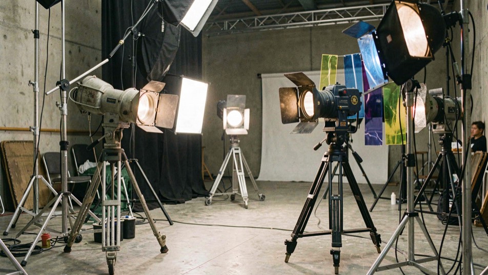 Fresnelles et projecteurs orientés autour d'un décor de cinéma, pieds réglés, gélatines colorées accrochées, grue légère en attente à gauche.