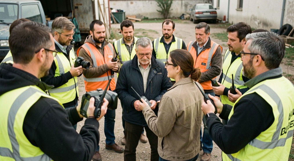 Équipe de tournage en cercle autour du réalisateur et de la chef opératrice, plans de travail en main, gilets de contrôle et talkies-walkies.