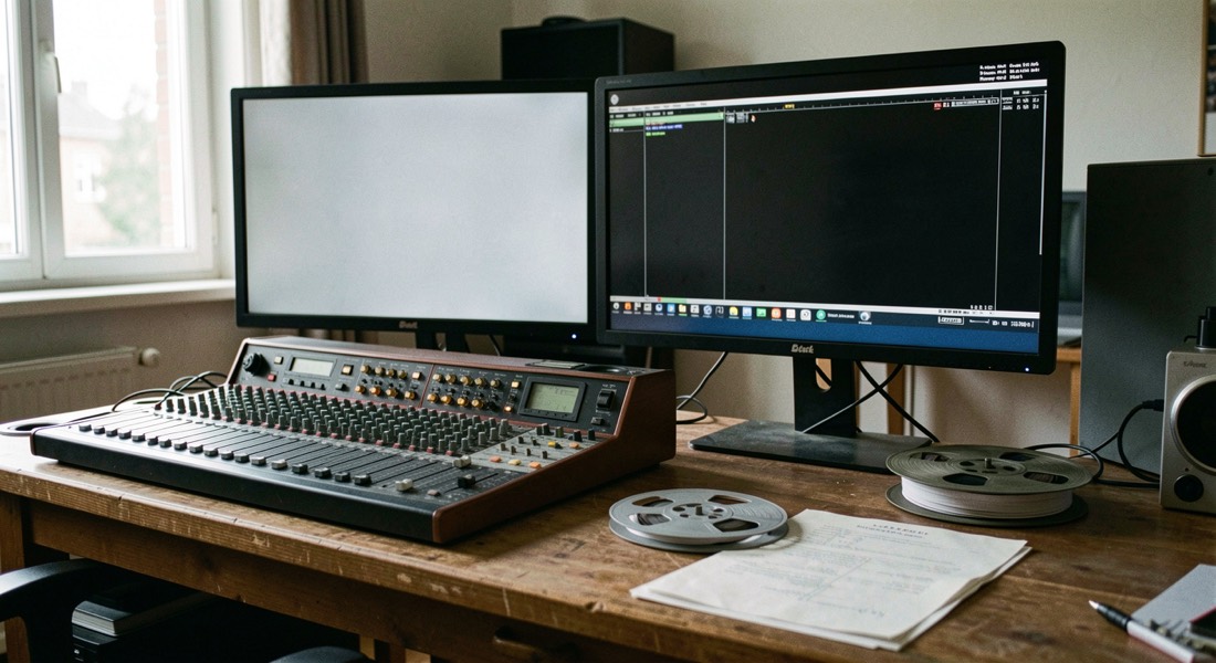 Salle de montage de cinéma : deux écrans côte à côte, console de mixage, bobine et papier de repérage posés sur la table de travail.